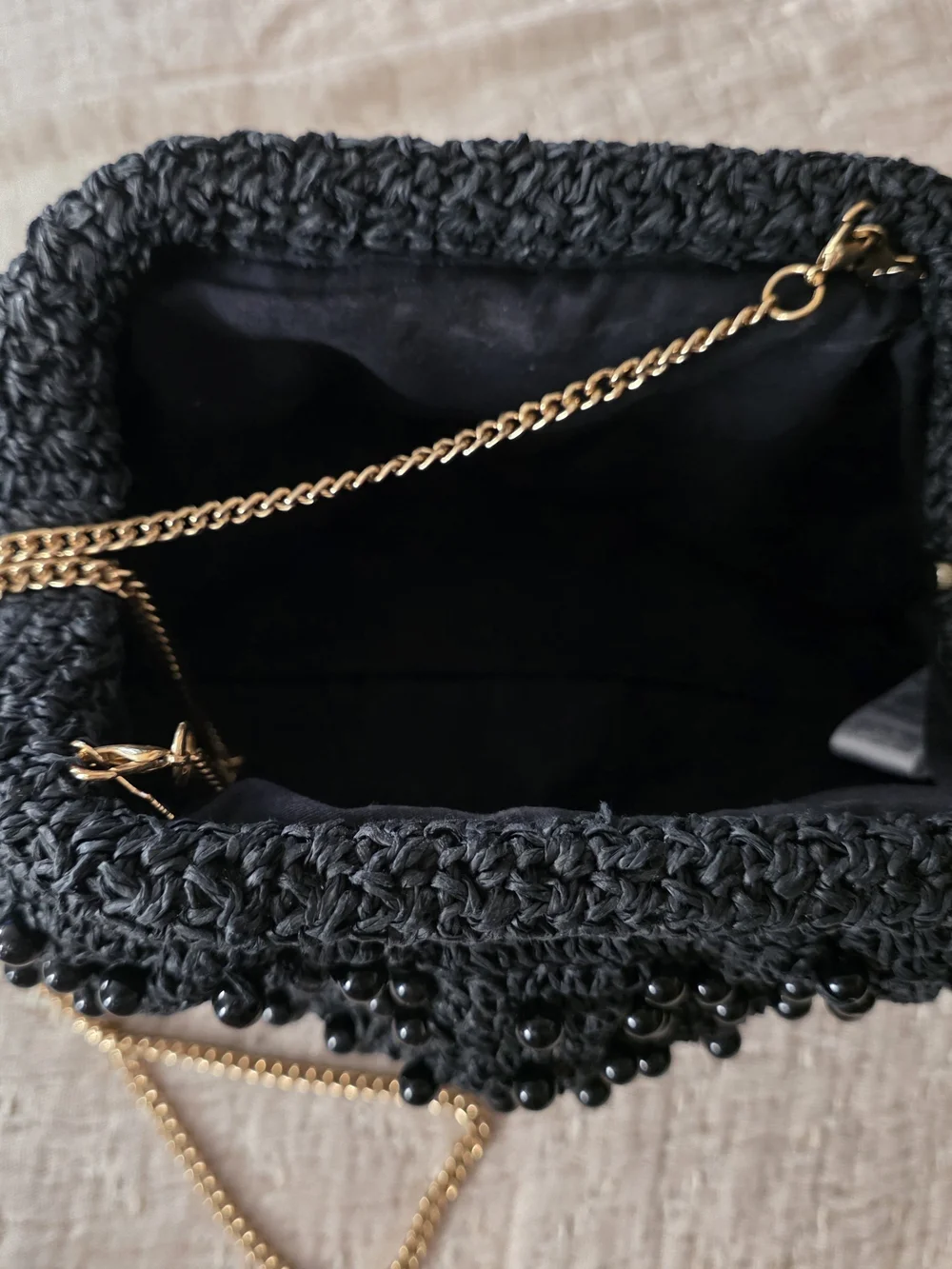 ANTHROPOLIGIE Black Beaded Crochet Crossbody Bag with Gold Chain